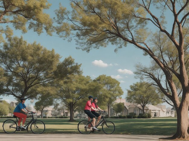 Photo young boy riding bike with family in park