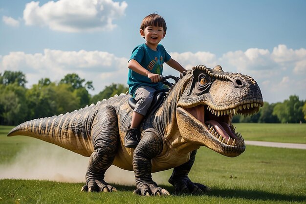 Foto un ragazzino che cavalca un dinosauro trex