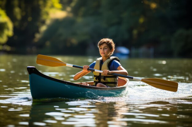 사진 평온 한 물 에서 rowing 어린 소년