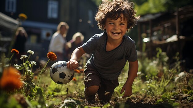 Photo a young boy running towards a soccer ball