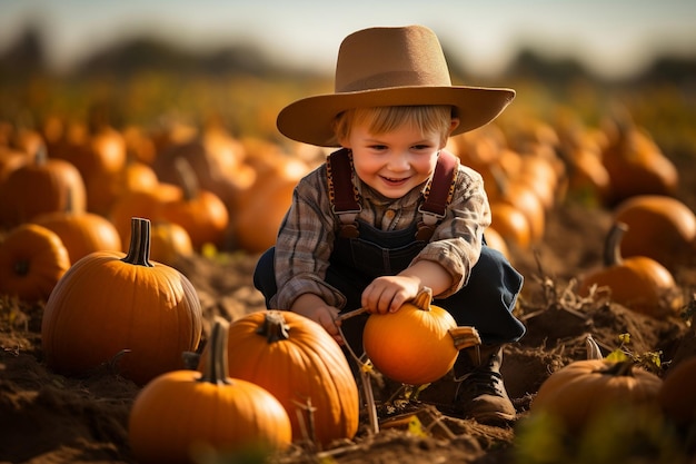 A young boy selecting pumpkins on Halloween at a pumpkin patch Generative Ai