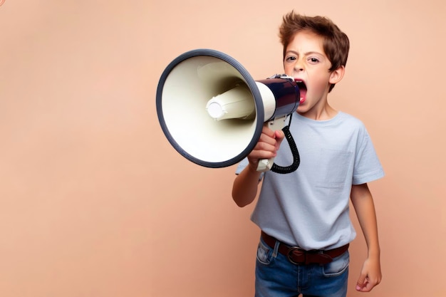 Photo young boy shouting into a megaphone on solid background copy space ai generative