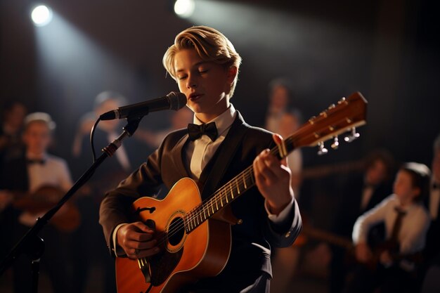 young boy singing and playing acoustic guitar bokeh style background