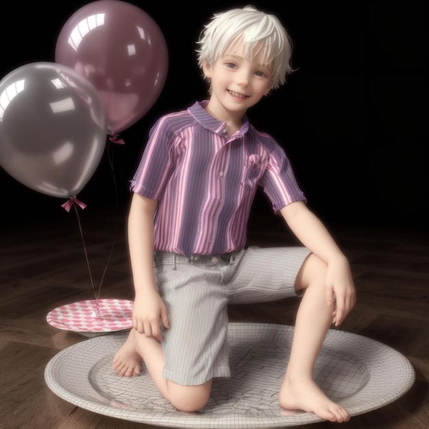 a young boy sits on a rug with balloons in the background.