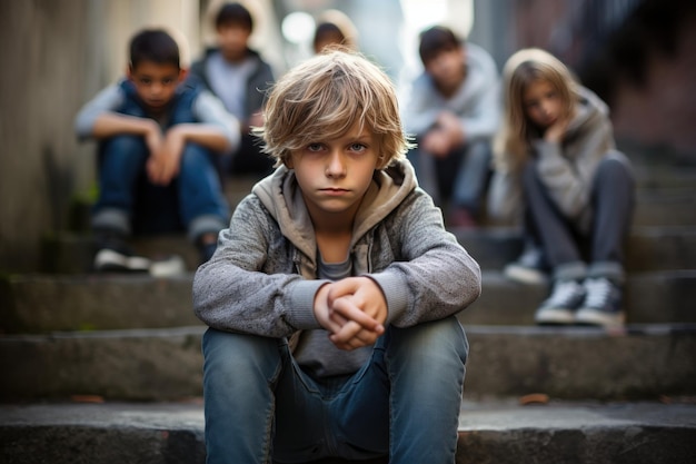 A young boy sits on the stairs next to other young children