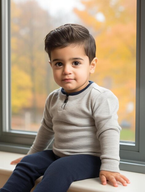 Photo a young boy sits on a window sill with a window behind him