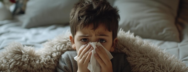 Young Boy Sitting on Bed Blowing His Nose