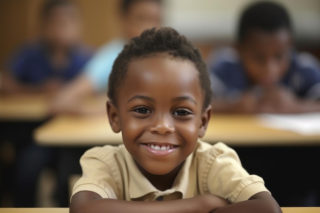 Young boy sitting in class and smiling at you created with generative ai