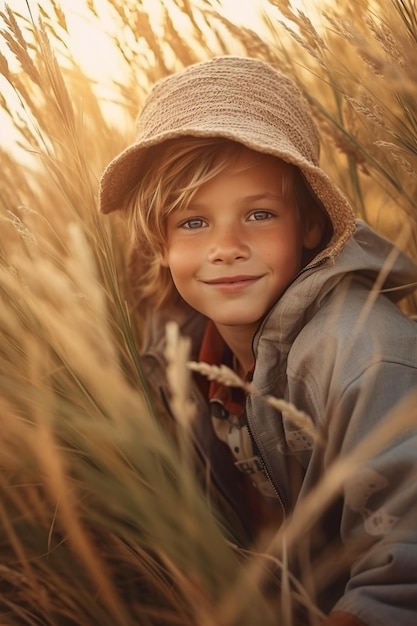 Молодой мальчик сидит в поле с высокой травой. Генеративное изображение AI.