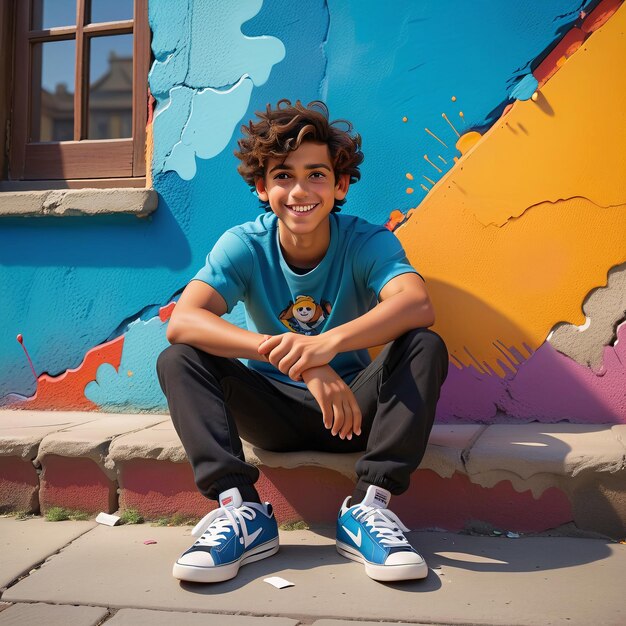 a young boy sitting on the ground in front of a colorful wall