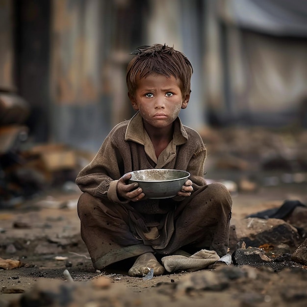 a young boy sitting on the ground holding a bowl