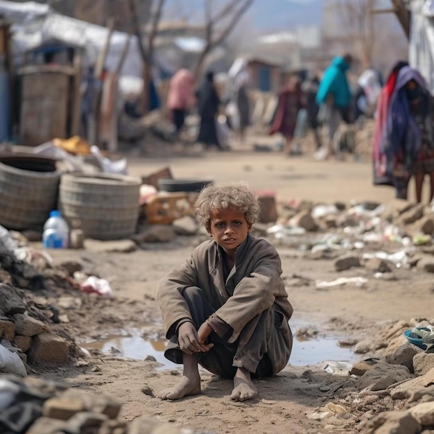 a young boy sitting on the ground next to a puddle of water