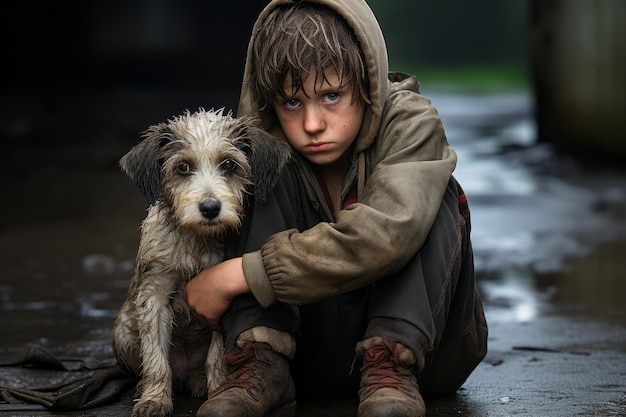 a young boy sitting on the ground with his dog