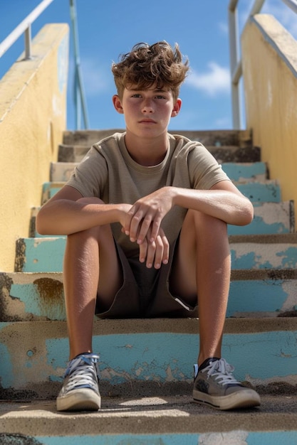 Photo a young boy sitting on a set of stairs