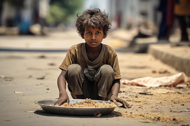 Foto un ragazzino seduto sul ciglio della strada che mangia cibo