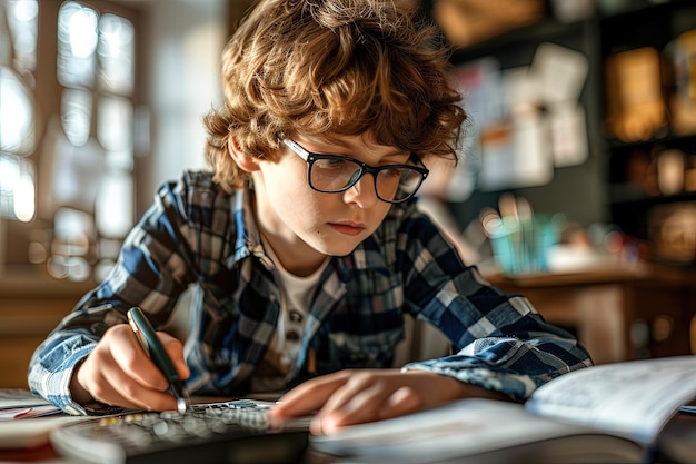 カルキュレーターとペンを持ったテーブルに座っている若い男の子