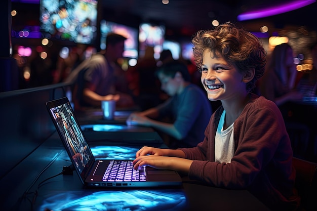 A young boy sitting at a table with a laptop