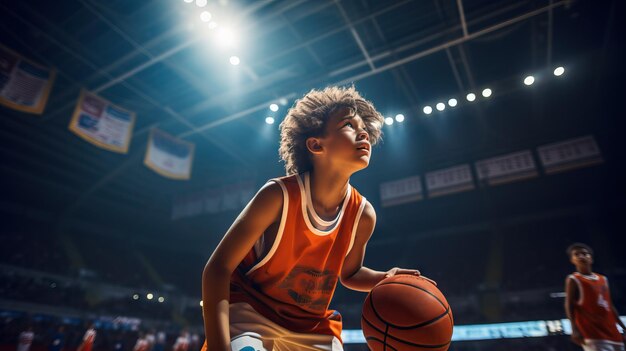 コートでバスケットボールを熟練してドリブルしている少年がスポーツに対する才能と情熱を示しています