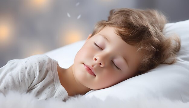 Маленький мальчик спит на кровати с закрытыми глазами.