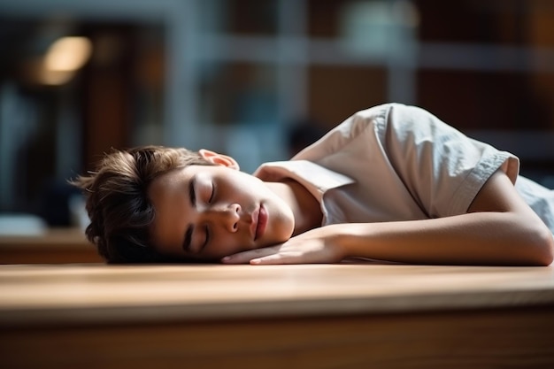 Young boy sleeping peacefully at a desk