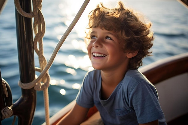 A young boy smiles as he sits on a boat