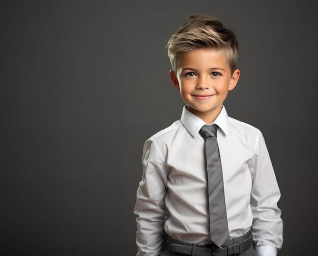 Photo young boy smiling in business outfit looking like businessman