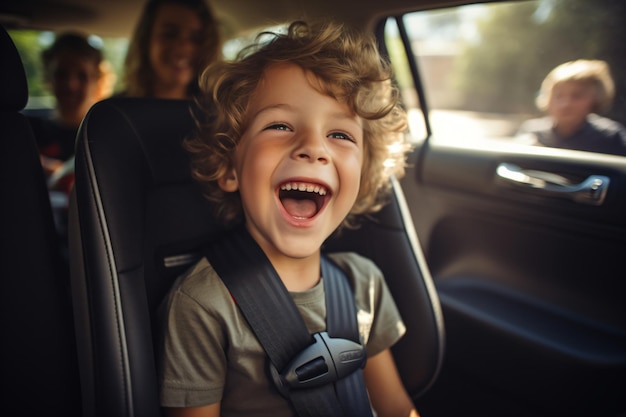 Photo a young boy smiling in a car seat