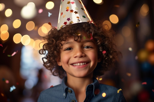 Young boy smiling in party hat and holding a confetti with Generative AI