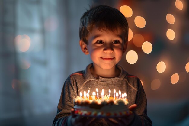 Photo a young boy smiling while holding a birthday cake with lit candles