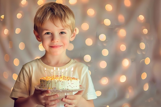 A young boy smiling with a lit birthday cake in his hands surrounded by warm lights