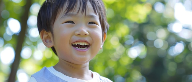 写真 背景 に 樹木 が ある 笑顔 の 少年