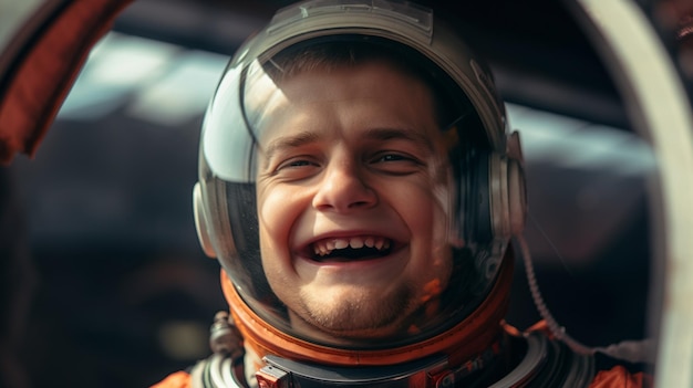 Foto un ragazzino in una tuta spaziale che sorride generativo ai