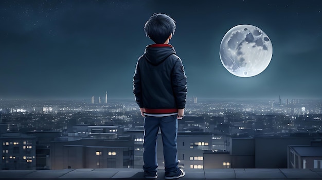 Photo a young boy standing alone on a rooftop night scene generative ai