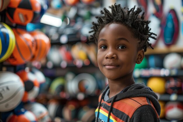 Young Boy Standing by Sports Balls Rack