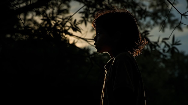 Мальчик стоит в темноте на фоне дерева