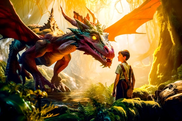 Young boy standing next to dragon in forest next to man Generative AI