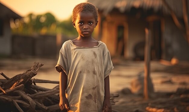 A young boy standing in front of a pile of wood