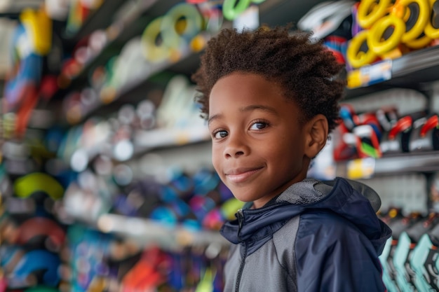 Young Boy Standing in Front of Wall of Toys