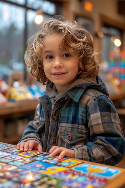 写真 パズルの前に立っている若い少年