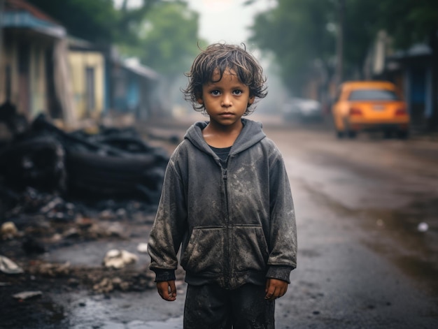 a young boy standing in the middle of a street