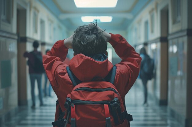 学校の廊下に立っている若い男の子が腕を頭の周りに包んでいます