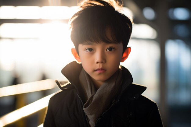 Photo a young boy standing in a subway station