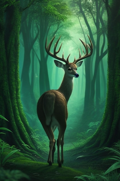우거진 에메랄드빛 숲에서 장엄한 사슴이 내다보는 동안 한 어린 소년이 경외심을 품고 서 있습니다.