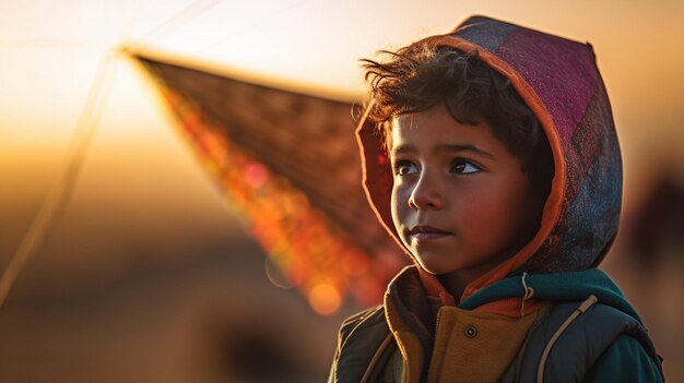 A young boy stands in front of a sunset