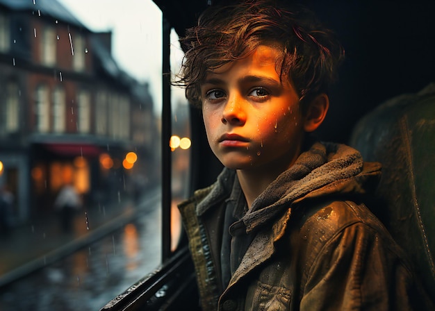 young boy stands and looks out the window