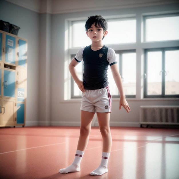 a young boy stands on a mat in a room with a sign that says quot the word quot on it