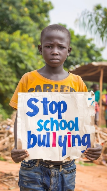 A young boy stands resolute holding a sign to stop school bullying a powerful statement for social change