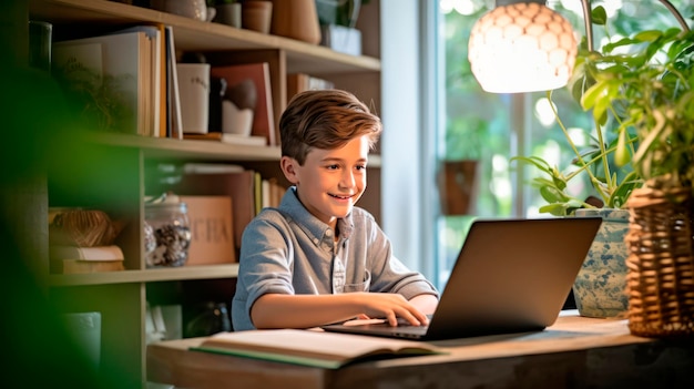 Photo young boy studying online from home