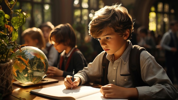 Young boy studying at school Boy reading in a classroom