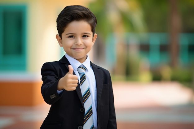 a young boy in a suit giving a thumbs up